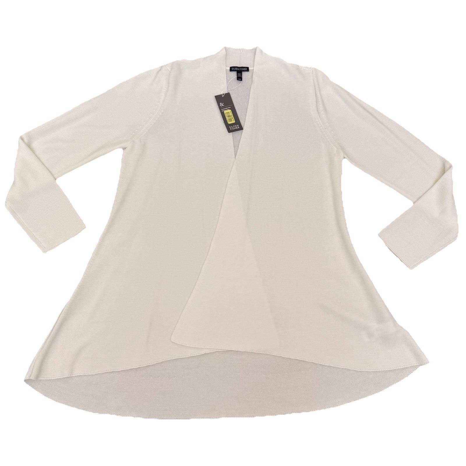 Eileen Fisher Sweater Large Cream Open Wrap Stretch Tencel Knit Cardigan Usa Nwt
